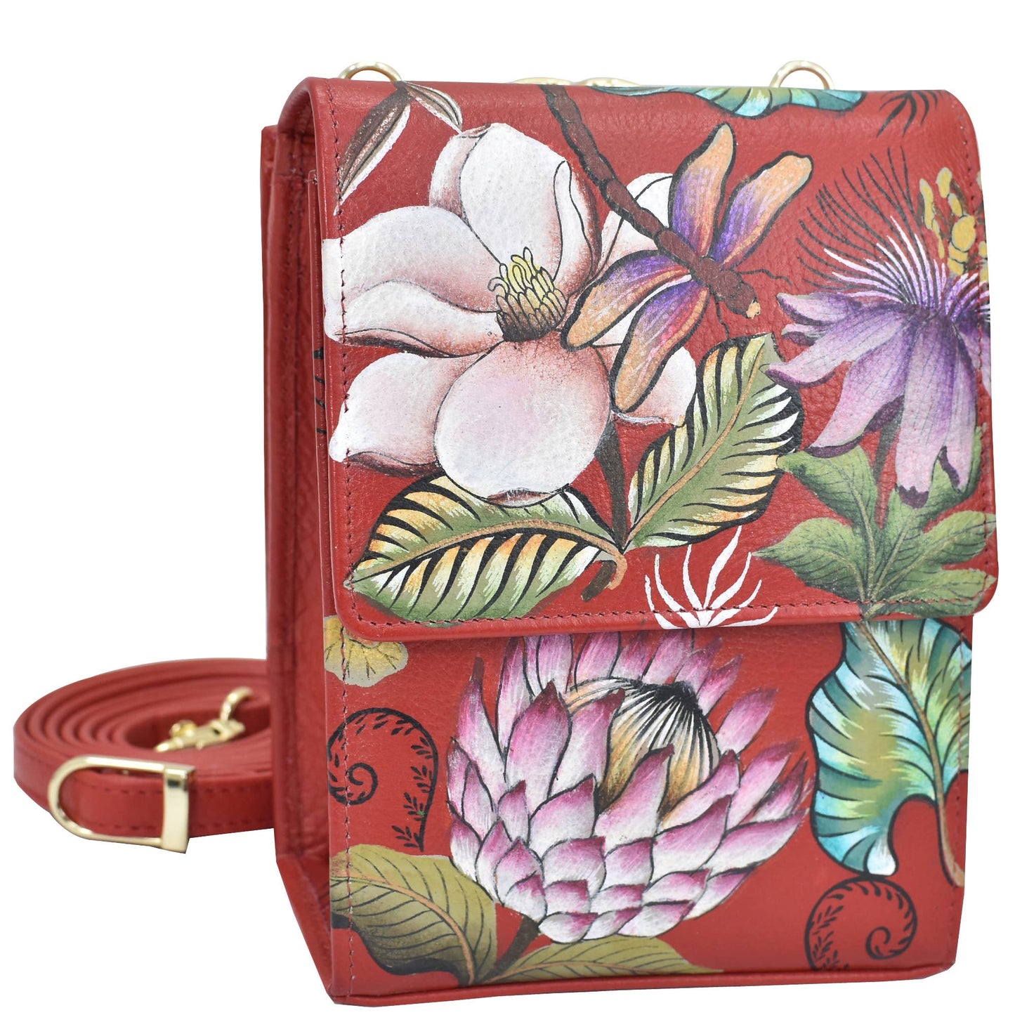 Hand-Painted Leather Triple Compartment Crossbody Organizer - Ringold Valley Trading Company