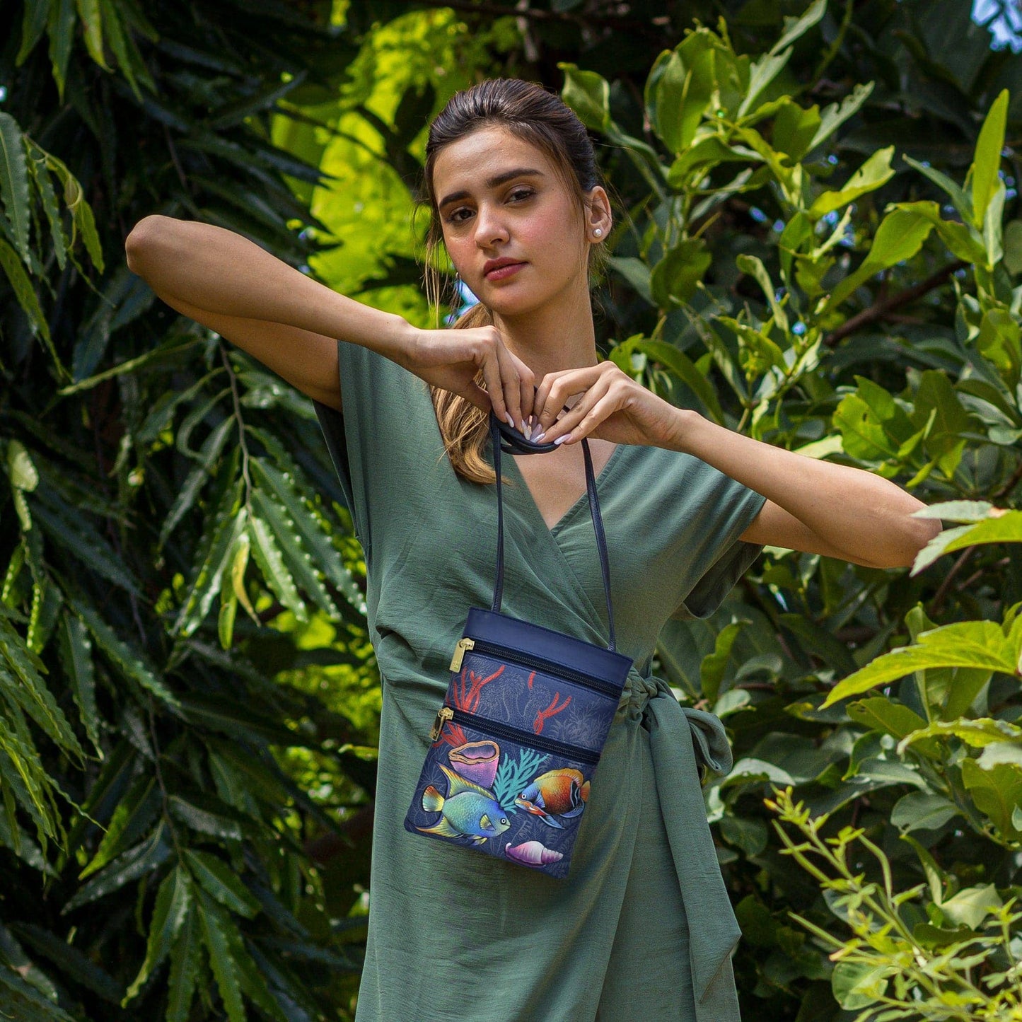 Hand-Painted Leather Mini Double Zip Travel Crossbody - 448 - Ringold Valley Trading Company