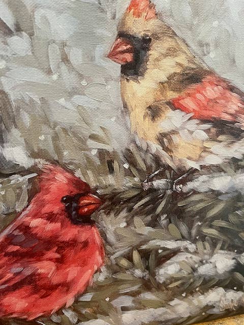 Red Bird Winter canvas art print, seasonal home decor, : 14x14 - Ringold Valley Trading Company